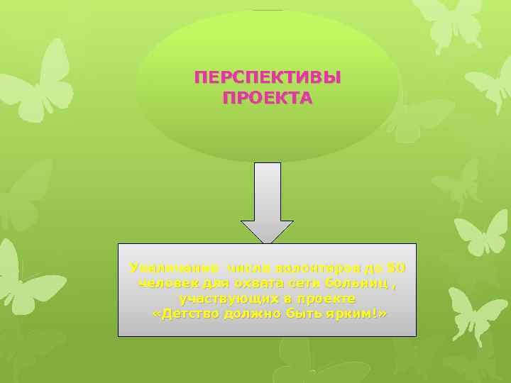 ПЕРСПЕКТИВЫ ПРОЕКТА Увеличение числа волонтеров до 50 человек для охвата сети больниц , участвующих