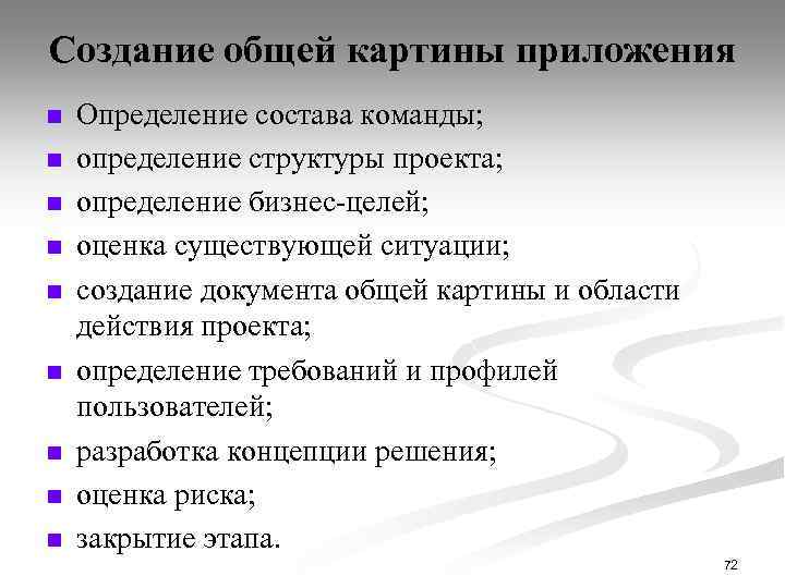 Создание общей картины приложения n n n n n Определение состава команды; определение структуры