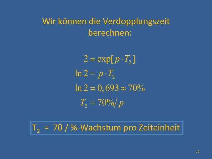  Wir können die Verdopplungszeit berechnen: T 2 = 70 / %-Wachstum pro Zeiteinheit