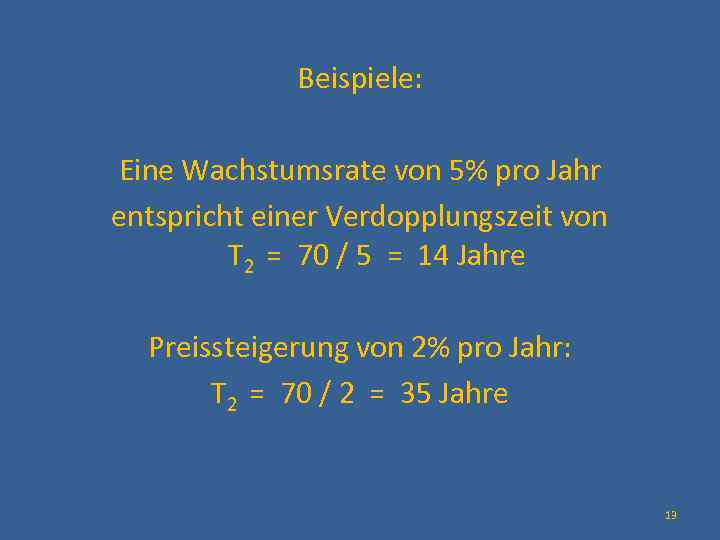  Beispiele: Eine Wachstumsrate von 5% pro Jahr entspricht einer Verdopplungszeit von T 2