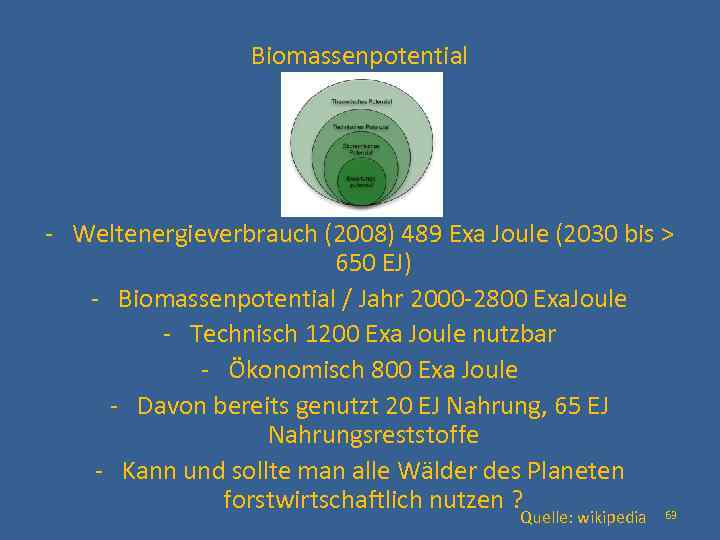 Biomassenpotential - Weltenergieverbrauch (2008) 489 Exa Joule (2030 bis > 650 EJ) - Biomassenpotential