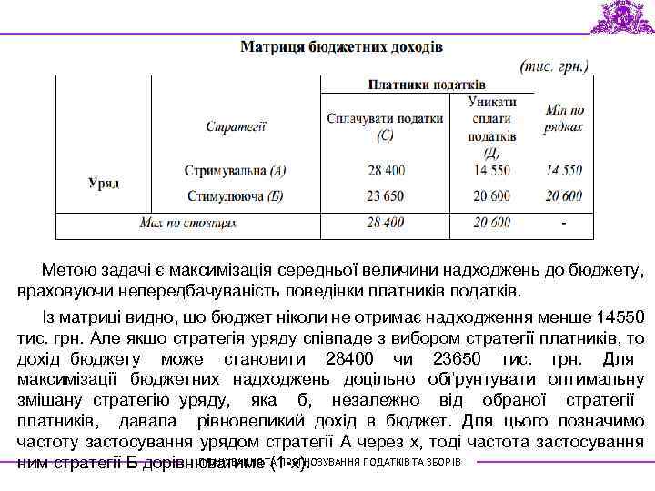 Метою задачі є максимізація середньої величини надходжень до бюджету, враховуючи непередбачуваність поведінки платників податків.