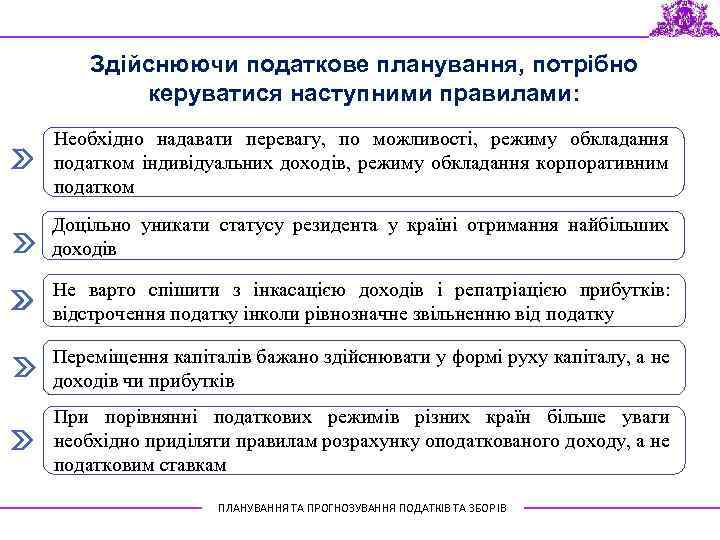 Здійснюючи податкове планування, потрібно керуватися наступними правилами: Необхідно надавати перевагу, по можливості, режиму обкладання