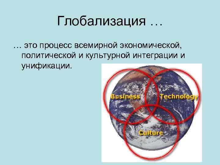 Глобализация … … это процесс всемирной экономической, политической и культурной интеграции и унификации. 