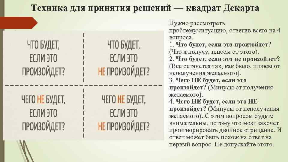 Техника для принятия решений — квадрат Декарта Нужно рассмотреть проблему/ситуацию, ответив всего на 4