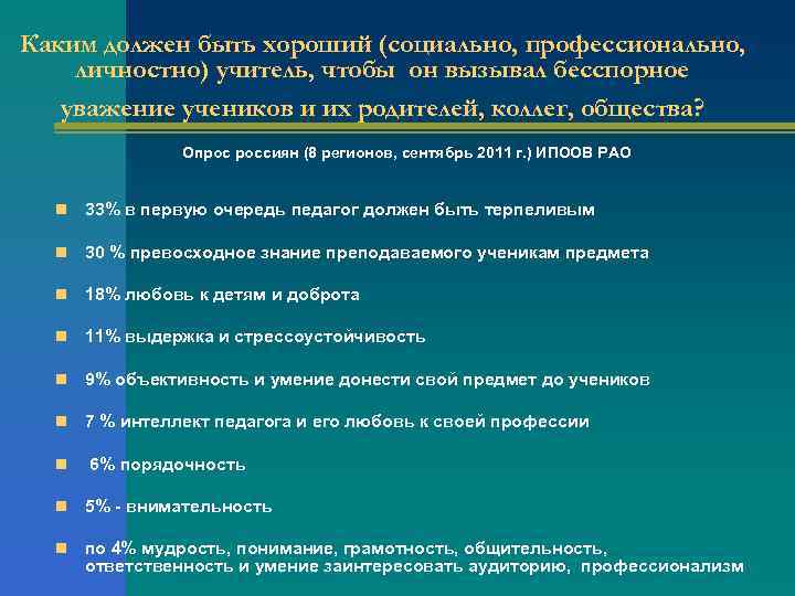 Каким должен быть хороший (социально, профессионально, личностно) учитель, чтобы он вызывал бесспорное уважение учеников