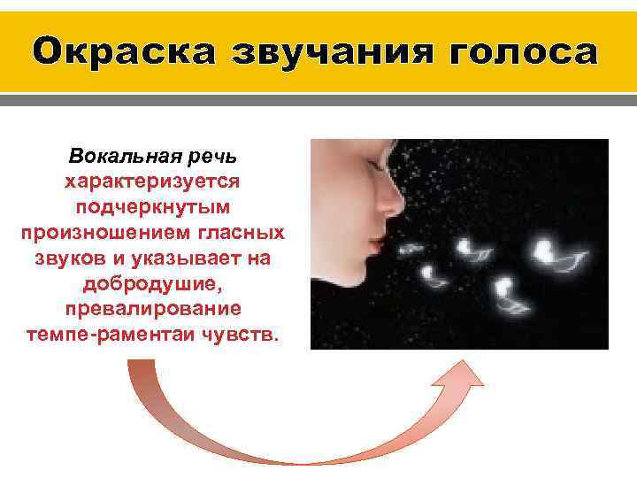 Окраска звучания голоса Вокальная речь характеризуется подчеркнутым произношением гласных звуков и указывает на добродушие,