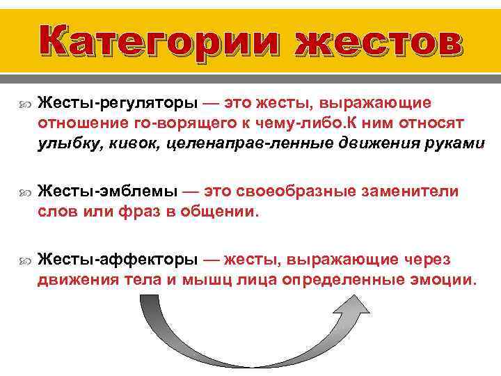 Категории жестов Жесты регуляторы — это жесты, выражающие отношение го ворящего к чему либо.