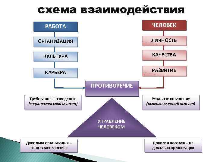 схема взаимодействия РАБОТА ЧЕЛОВЕК ОРГАНИЗАЦИЯ ЛИЧНОСТЬ КУЛЬТУРА КАЧЕСТВА КАРЬЕРА РАЗВИТИЕ ПРОТИВОРЕЧИЕ Требование к поведению