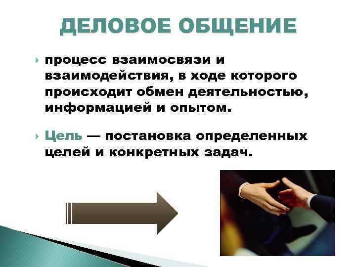 ДЕЛОВОЕ ОБЩЕНИЕ процесс взаимосвязи и взаимодействия, в ходе которого происходит обмен деятельностью, информацией и