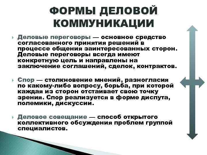 ФОРМЫ ДЕЛОВОЙ КОММУНИКАЦИИ Деловые переговоры — основное средство согласованного принятия решений в процессе общения