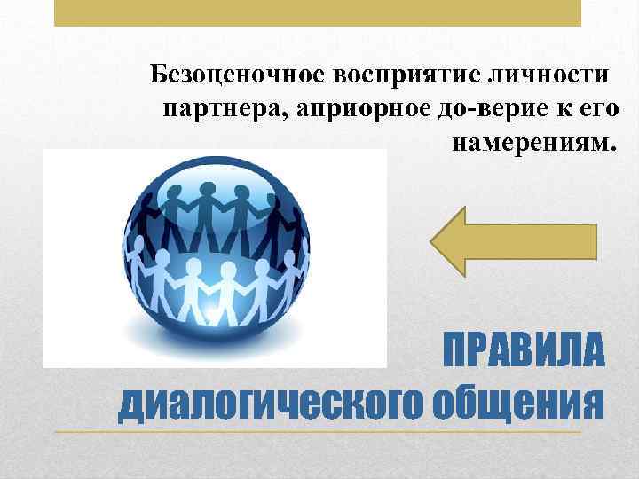 Безоценочное восприятие личности партнера, априорное до верие к его намерениям. ПРАВИЛА диалогического общения 