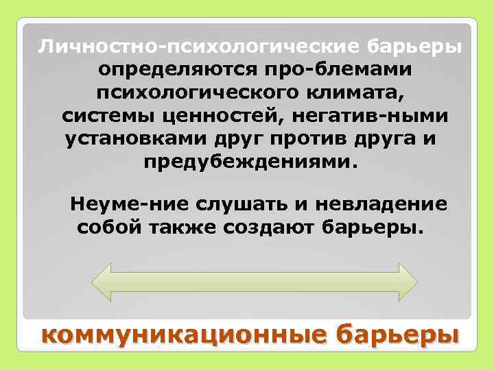 Личностно психологические барьеры определяются про блемами психологического климата, системы ценностей, негатив ными установками друг
