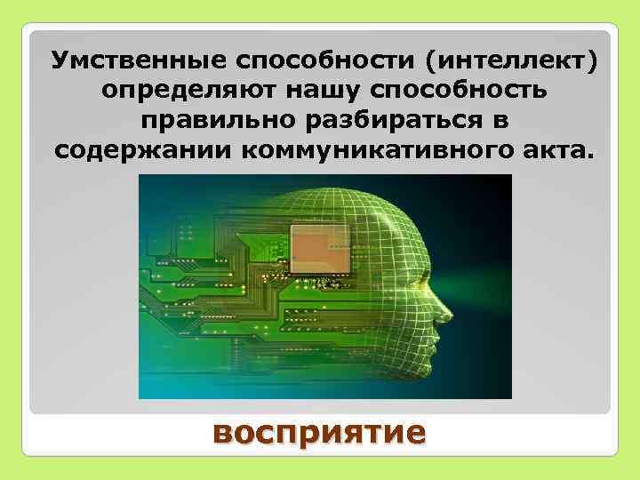 Умственные способности (интеллект) определяют нашу способность правильно разбираться в содержании коммуникативного акта. восприятие 