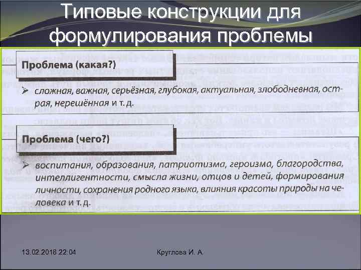 Типовые конструкции для формулирования проблемы 13. 02. 2018 22: 04 Круглова И. А. 