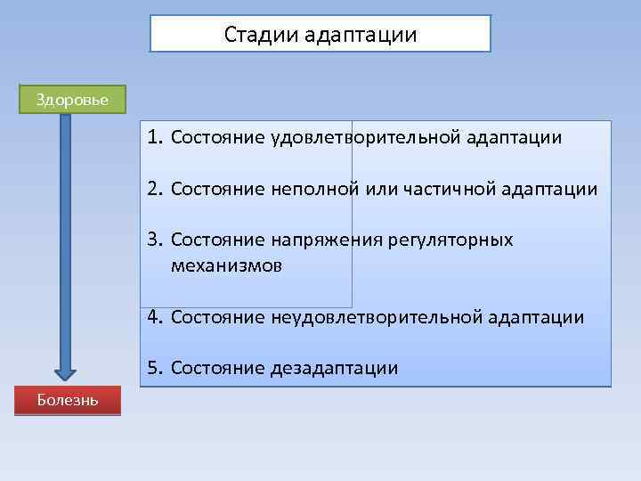 Стадии адаптации Здоровье 1. Состояние удовлетворительной адаптации 2. Состояние неполной или частичной адаптации 3.