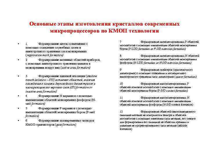 Основные этапы изготовления кристаллов современных микропроцессоров по КМОП технологии • • • 1 Формирование