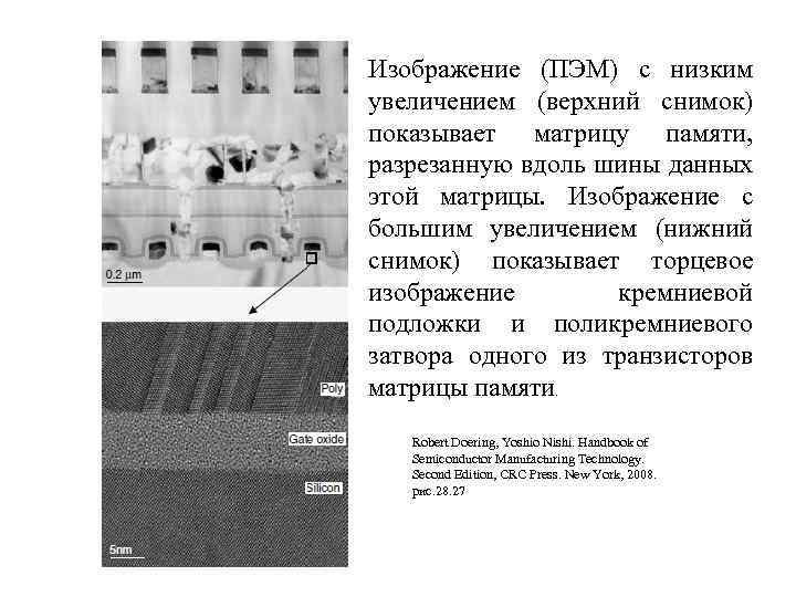 Изображение (ПЭМ) с низким увеличением (верхний снимок) показывает матрицу памяти, разрезанную вдоль шины данных