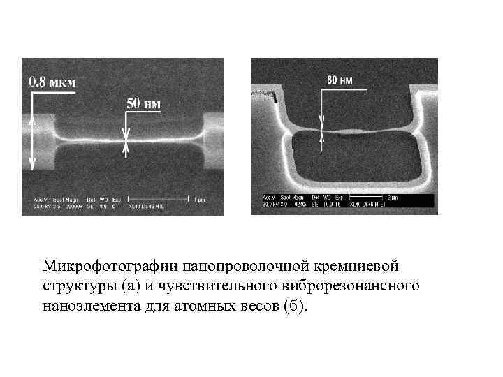 Микрофотографии нанопроволочной кремниевой структуры (а) и чувствительного виброрезонансного наноэлемента для атомных весов (б). 
