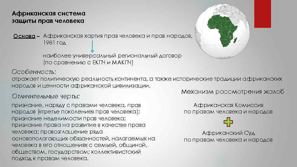 Африканская система защиты прав человека Основа – Африканская хартия прав человека и прав народов,