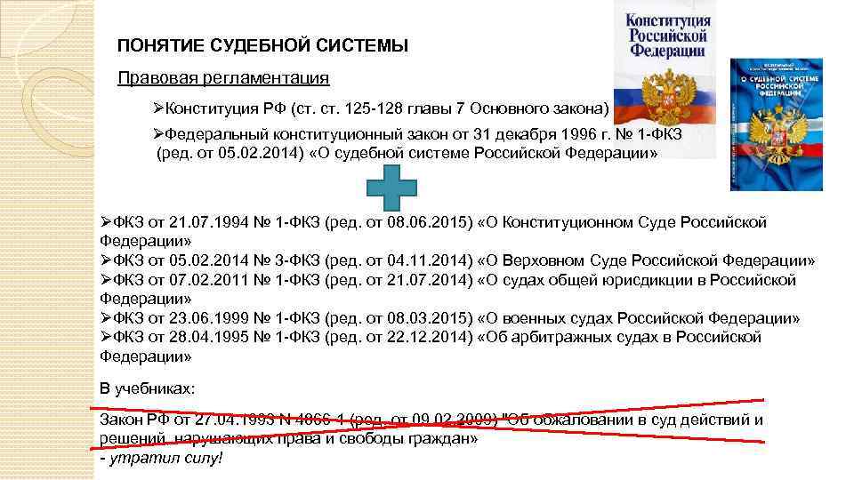 ПОНЯТИЕ СУДЕБНОЙ СИСТЕМЫ Правовая регламентация ØКонституция РФ (ст. 125 -128 главы 7 Основного закона)