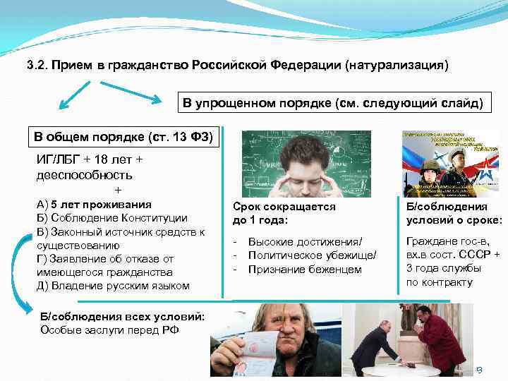 3. 2. Прием в гражданство Российской Федерации (натурализация) В упрощенном порядке (см. следующий слайд)