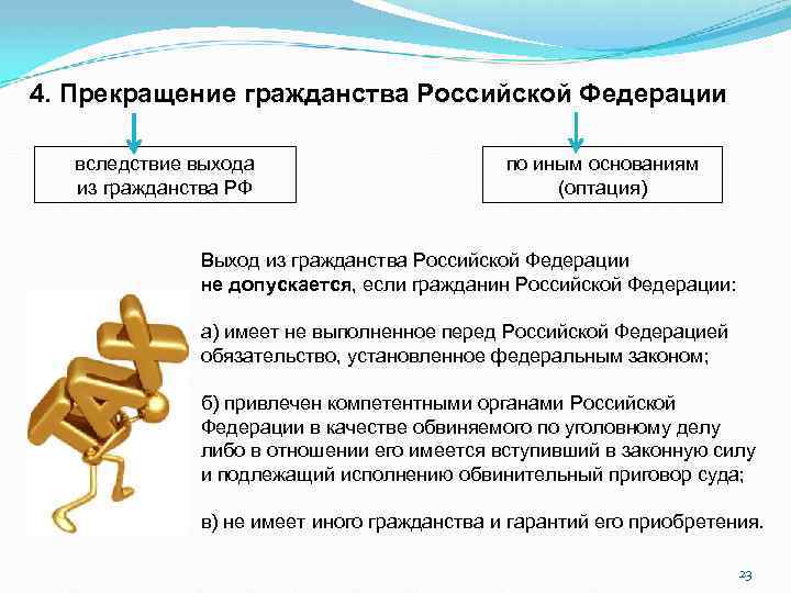 4. Прекращение гражданства Российской Федерации вследствие выхода из гражданства РФ по иным основаниям (оптация)