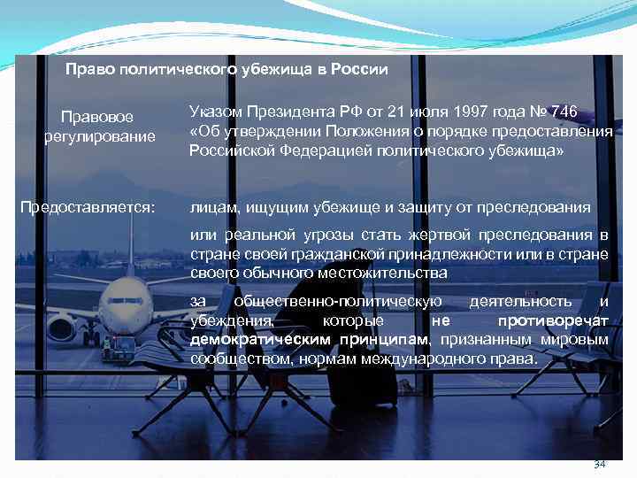 Право политического убежища в России Правовое регулирование Предоставляется: Указом Президента РФ от 21 июля