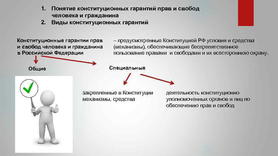 1. Понятие конституционных гарантий прав и свобод человека и гражданина 2. Виды конституционных гарантий