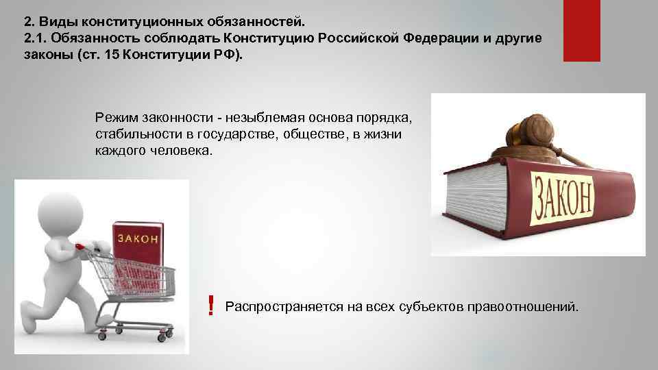 2. Виды конституционных обязанностей. 2. 1. Обязанность соблюдать Конституцию Российской Федерации и другие законы