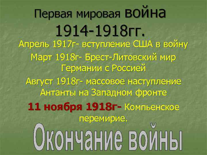 Первая мировая война 1914 -1918 гг. Апрель 1917 г- вступление США в войну Март