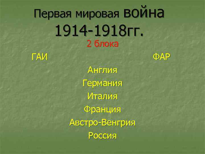 Первая мировая война 1914 -1918 гг. 2 блока ГАИ ФАР Англия Германия Италия Франция