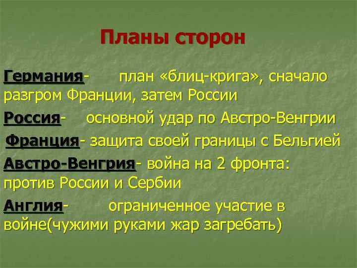 Планы сторон Германияплан «блиц-крига» , сначало разгром Франции, затем России Россия- основной удар по