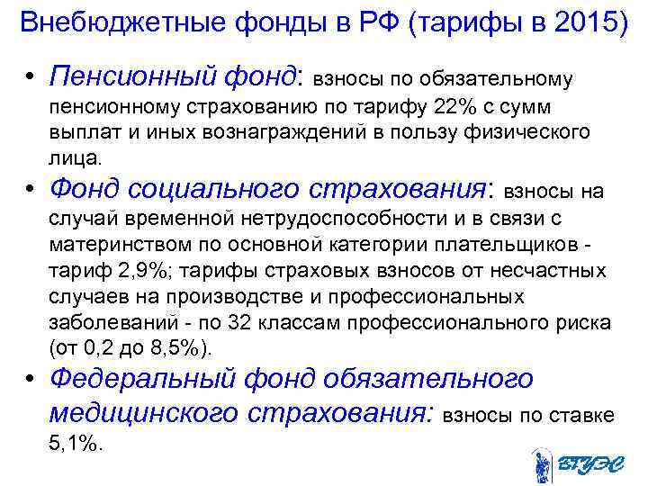Внебюджетные фонды в РФ (тарифы в 2015) • Пенсионный фонд: взносы по обязательному пенсионному