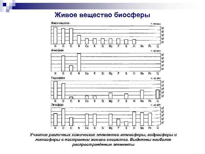 Живое вещество биосферы Участие различных химических элементов атмосферы, гидросферы и литосферы в построении живого