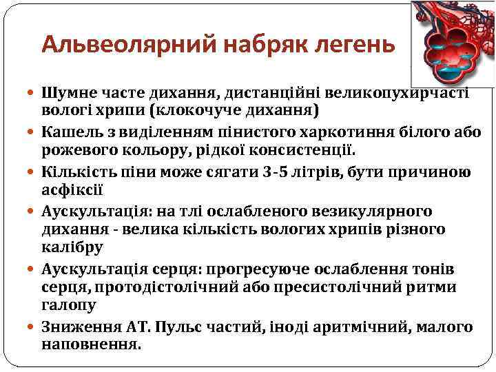 Альвеолярний набряк легень Шумне часте дихання, дистанційні великопухирчасті вологі хрипи (клокочуче дихання) Кашель з