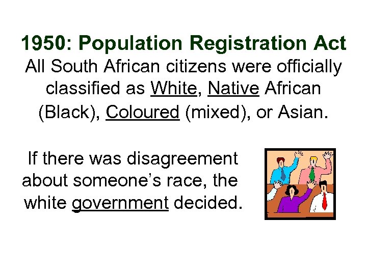 1950: Population Registration Act All South African citizens were officially classified as White, Native