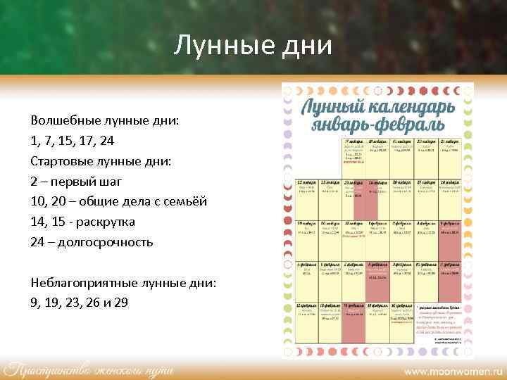 Лунные дни Волшебные лунные дни: 1, 7, 15, 17, 24 Стартовые лунные дни: 2