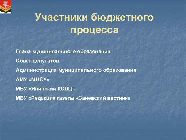 Участники бюджетного процесса Глава муниципального образования Совет депутатов Администрация муниципального образования АМУ «МЦОУ» МБУ