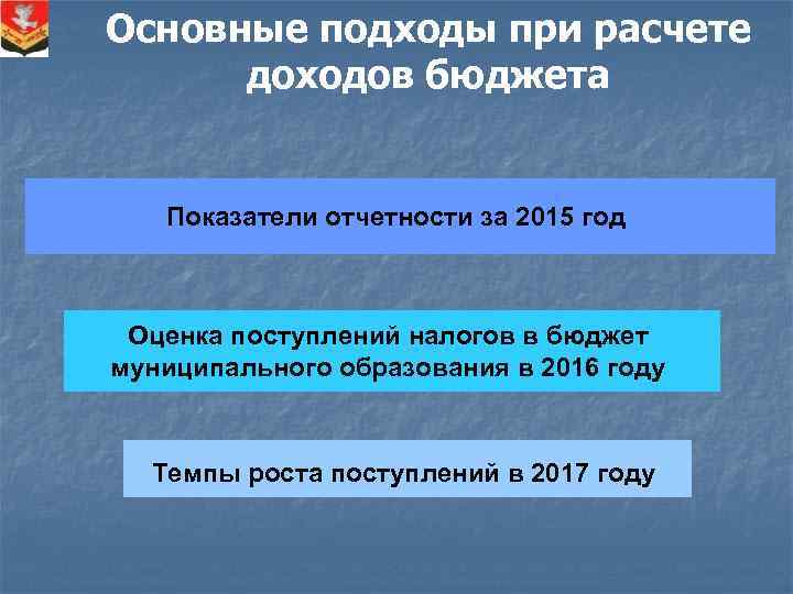 Основные подходы при расчете доходов бюджета Показатели отчетности за 2015 год Оценка поступлений налогов