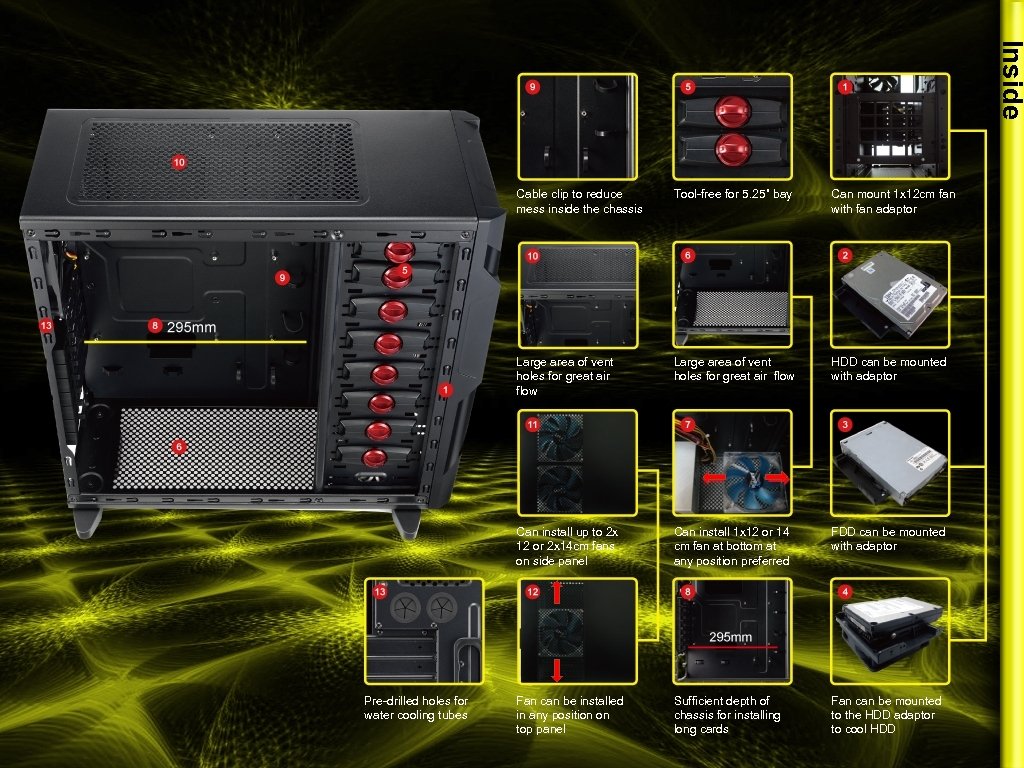 Inside Cable clip to reduce mess inside the chassis Can mount 1 x 12
