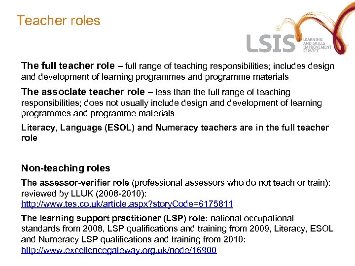 Teacher roles The full teacher role – full range of teaching responsibilities; includes design