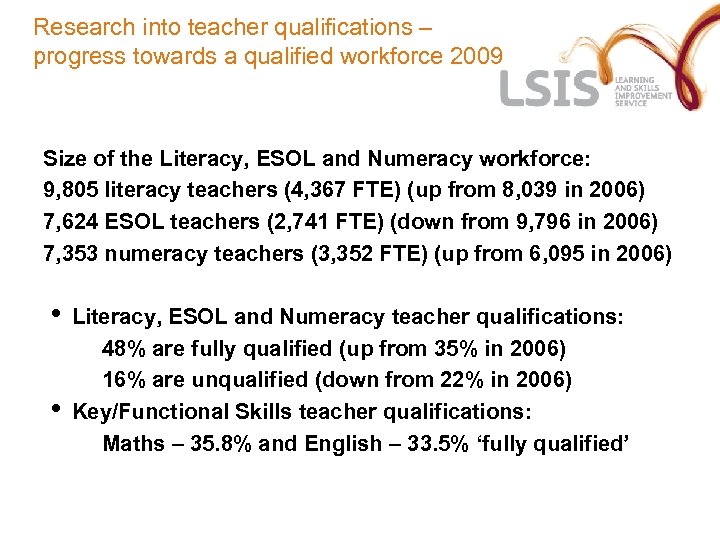 Research into teacher qualifications – progress towards a qualified workforce 2009 Size of the