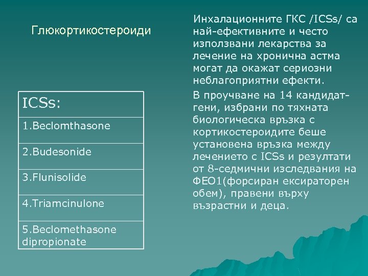 Глюкортикостероиди ICSs: 1. Beclomthasone 2. Budesonide 3. Flunisolide 4. Triamcinulone 5. Beclomethasone dipropionate Инхалационните