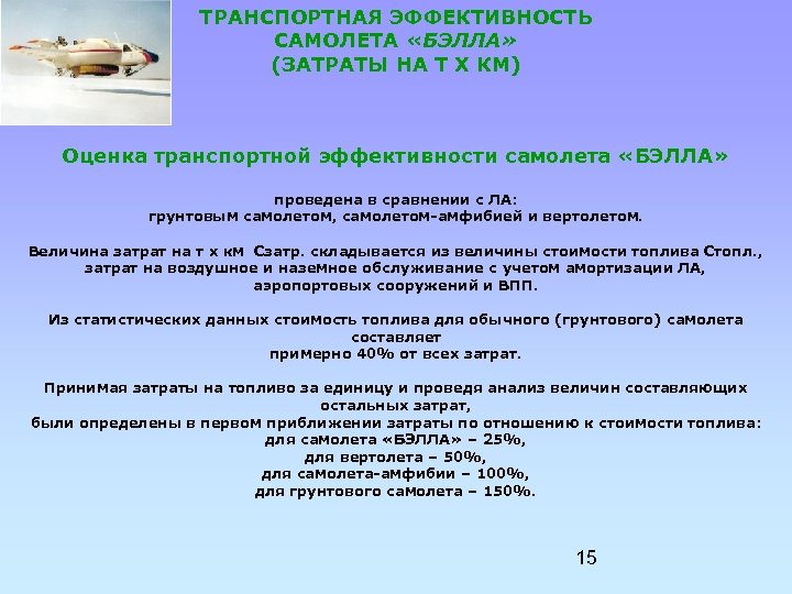 ТРАНСПОРТНАЯ ЭФФЕКТИВНОСТЬ САМОЛЕТА «БЭЛЛА» (ЗАТРАТЫ НА Т Х КМ) Оценка транспортной эффективности самолета «БЭЛЛА»