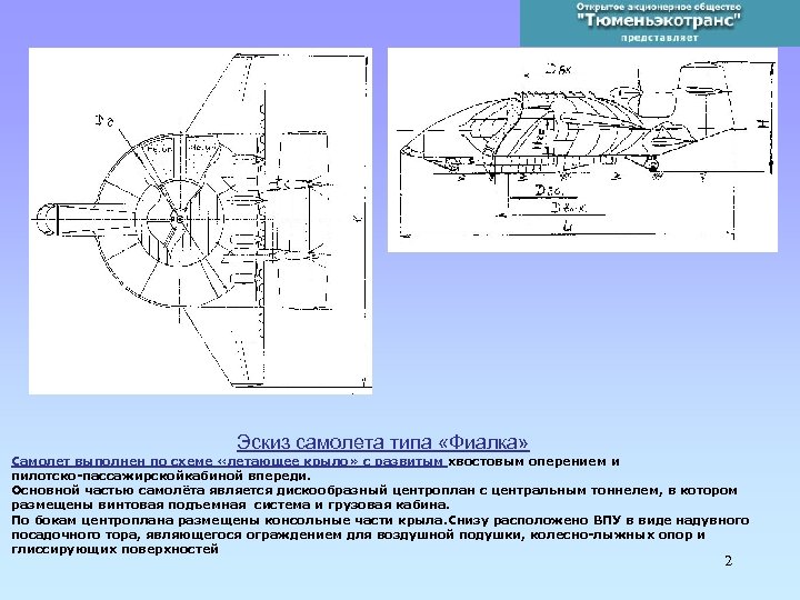 Эскиз самолета типа «Фиалка» Самолет выполнен по схеме «летающее крыло» с развитым хвостовым оперением