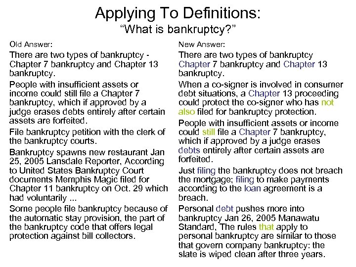 Applying To Definitions: “What is bankruptcy? ” Old Answer: New Answer: There are two