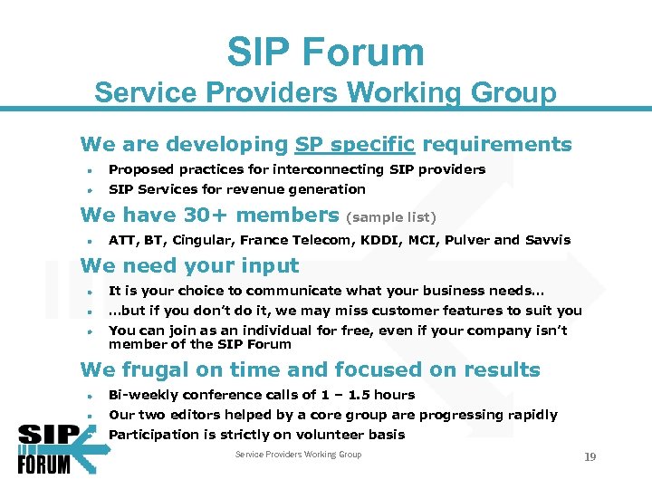 SIP Forum Service Providers Working Group We are developing SP specific requirements Proposed practices