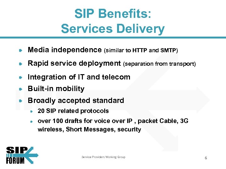 SIP Benefits: Services Delivery Media independence (similar to HTTP and SMTP) Rapid service deployment
