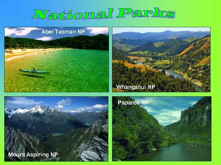 Abel Tasman NP Whanganui NP Paparoa NP Mount Aspiring NP 